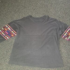 Urban Outfitters Black Long Sleeve Tee with Colorful Patterned Sleeves